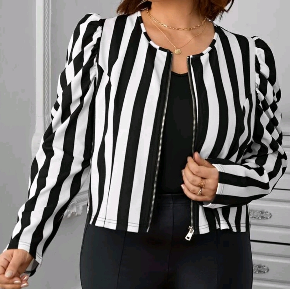 New B/W Stripe Poof Sleeve Zip-up Crop Jacket 1X 14/16